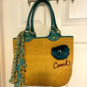 Coach straw and leather tote w/ matching wristlet